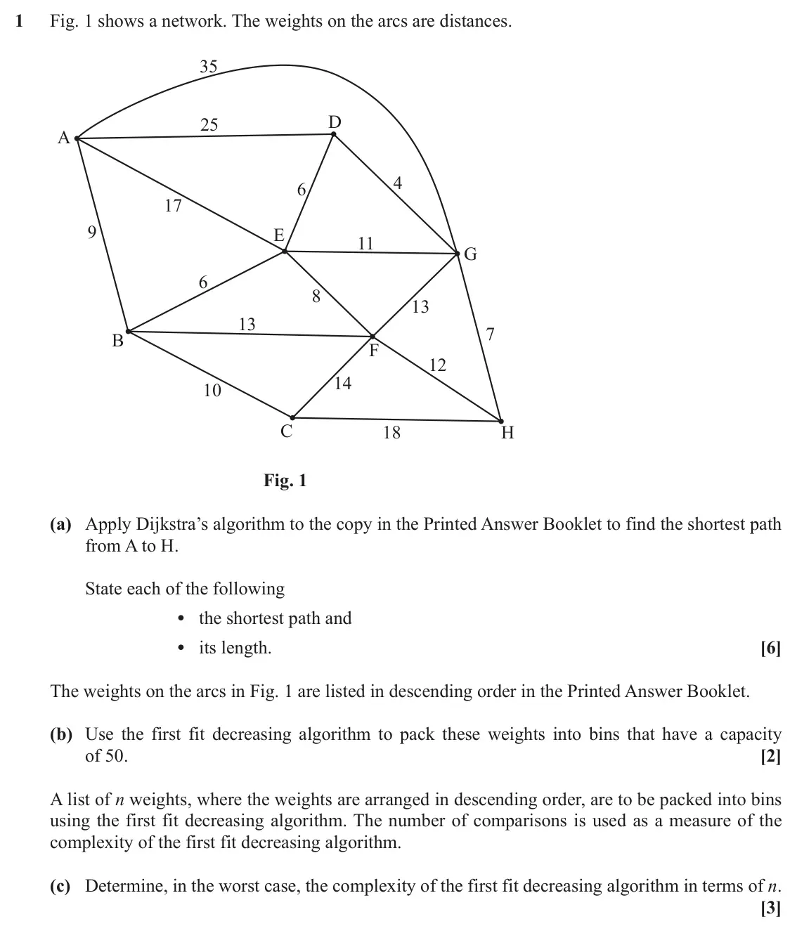 June 2019 Modelling with Algorithms, question 1: Fig. 1 shows a network. The weights on the arcs are distances. 35 D 25 A 4 6 17 9 E 11 G 6 8 13 13 7 B F 12 14 10 C 18 H Fig. 1 (a) Apply Dijkstra’s algorithm t