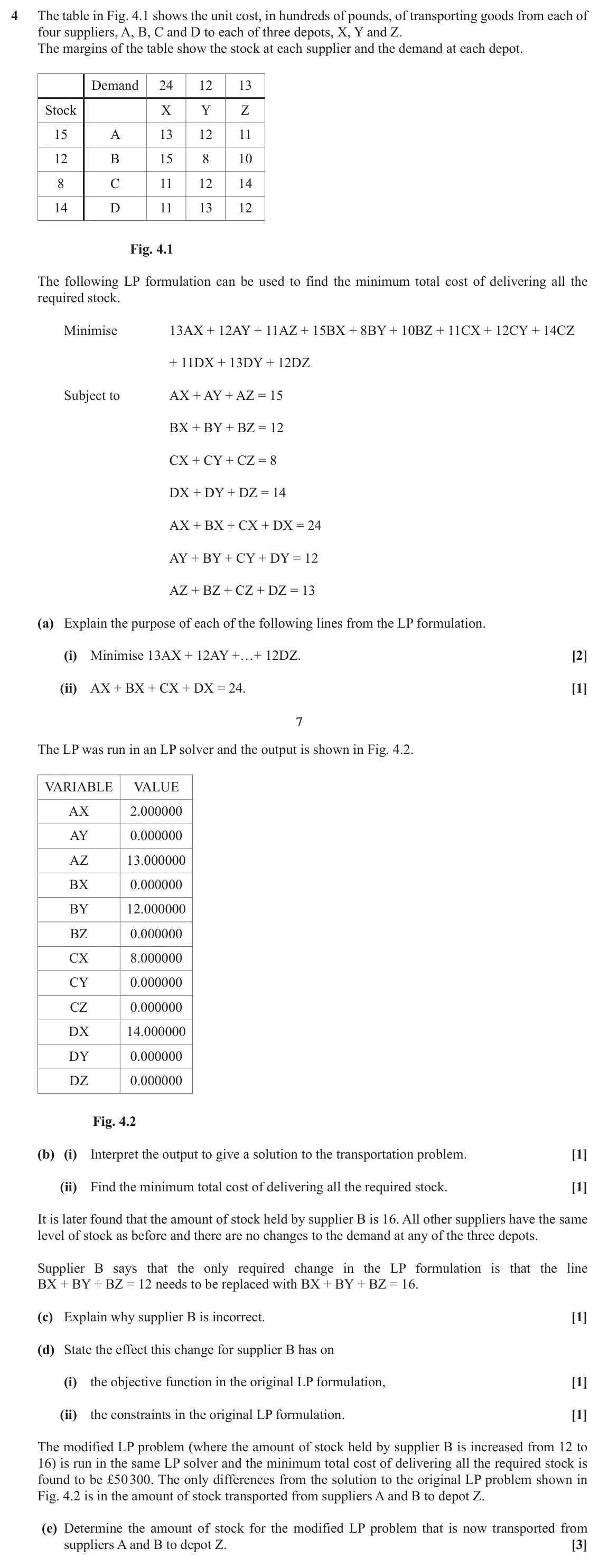 June 2019 Modelling with Algorithms, question 4: The table in Fig. 4.1 shows the unit cost, in hundreds of pounds, of transporting goods from each of four suppliers, A, B, C and D to each of three depots, X, Y