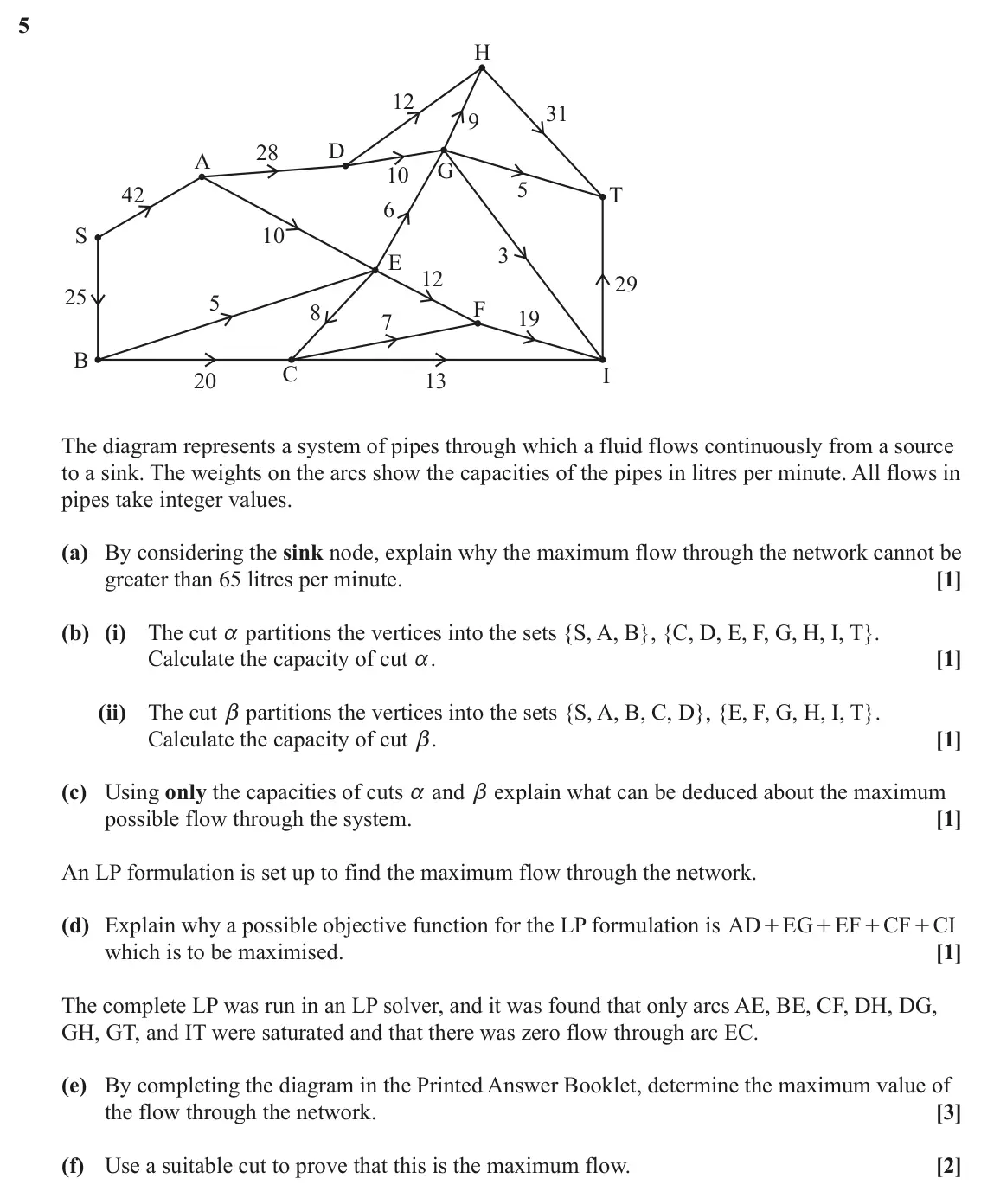June 2023 Modelling with Algorithms, question 5: H 12 31 9 D 28 A G 10 5 42 T 6 S 10 3 E 12 29 25 5 F 8 19 7 B C I 20 13 The diagram represents a system of pipes through which a fluid flows continuously from a