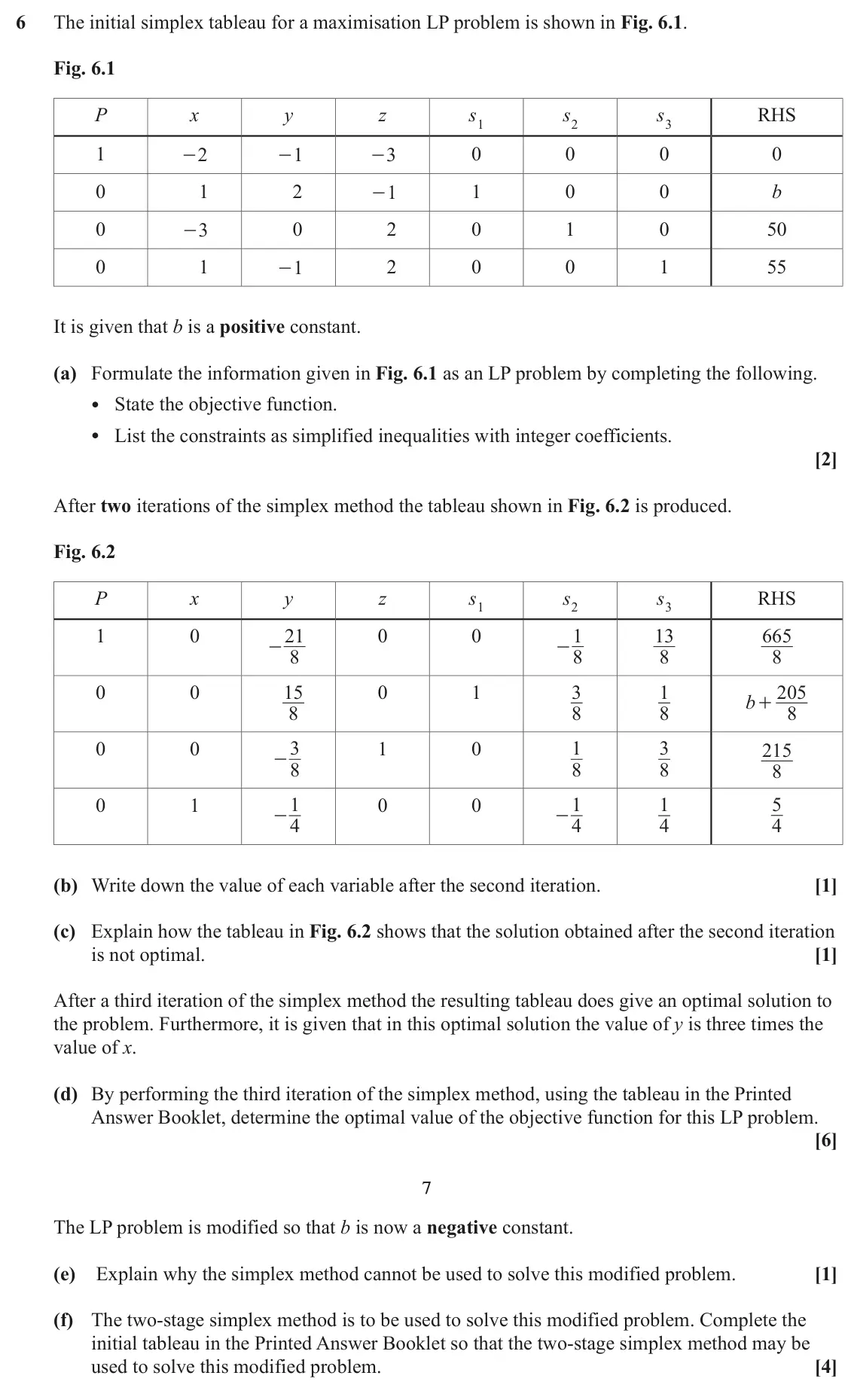June 2023 Modelling with Algorithms, question 6: The initial simplex tableau for a maximisation LP problem is shown in Fig. 6.1. Fig. 6.1 P x y z s1 s2 s3 RHS 1 2 1 3 0 0 0 0 - - - b 0 1 2 1 1 0 0 - 0 0 2 0 1 