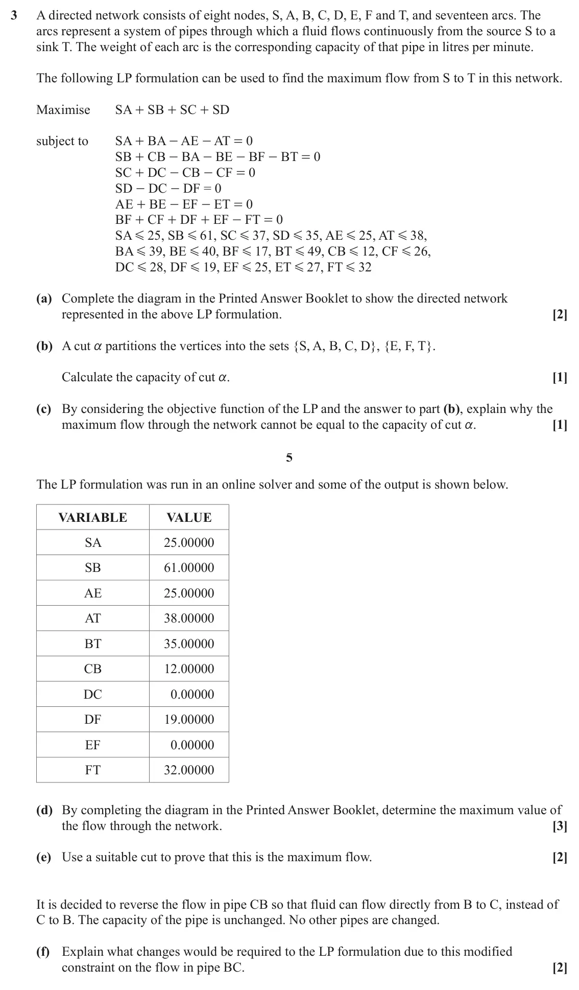 June 2024 Modelling with Algorithms, question 3: A directed network consists of eight nodes, S, A, B, C, D, E, F and T, and seventeen arcs. The arcs represent a system of pipes through which a fluid flows cont