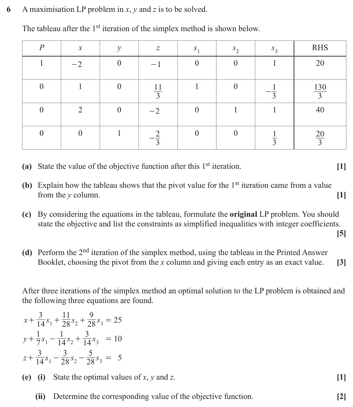 June 2024 Modelling with Algorithms, question 6: A maximisation LP problem in x, y and z is to be solved. The tableau after the 1st iteration of the simplex method is shown below. P x y z s1 s2 s3 RHS 1 0 0 0