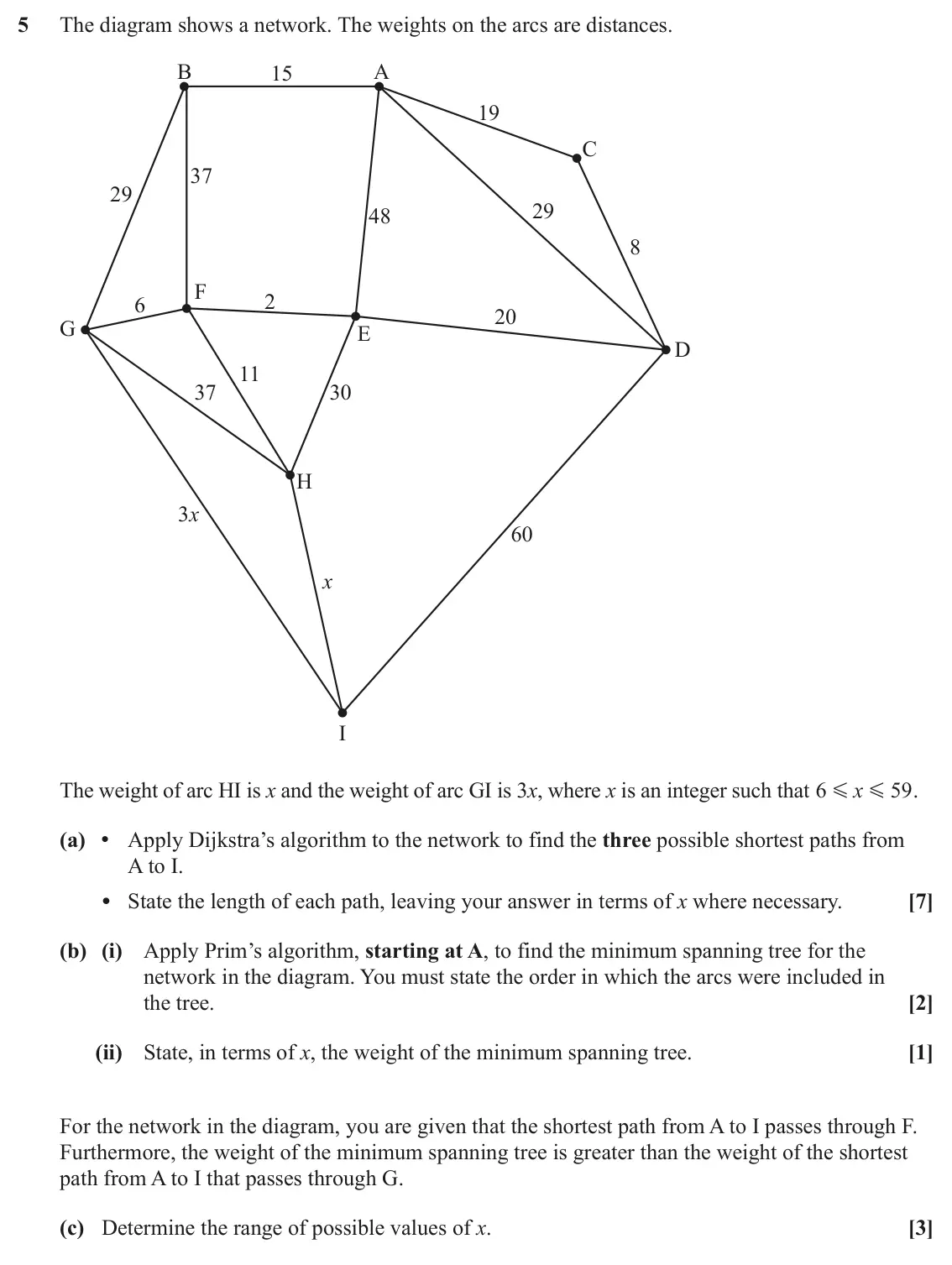 June 2025 Modelling with Algorithms, question 5: The diagram shows a network. The weights on the arcs are distances. B A 15 19 C 37 29 29 48 8 F 2 6 20 G E D 11 37 30 H 3x 60 x I The weight of arc HI is x and 