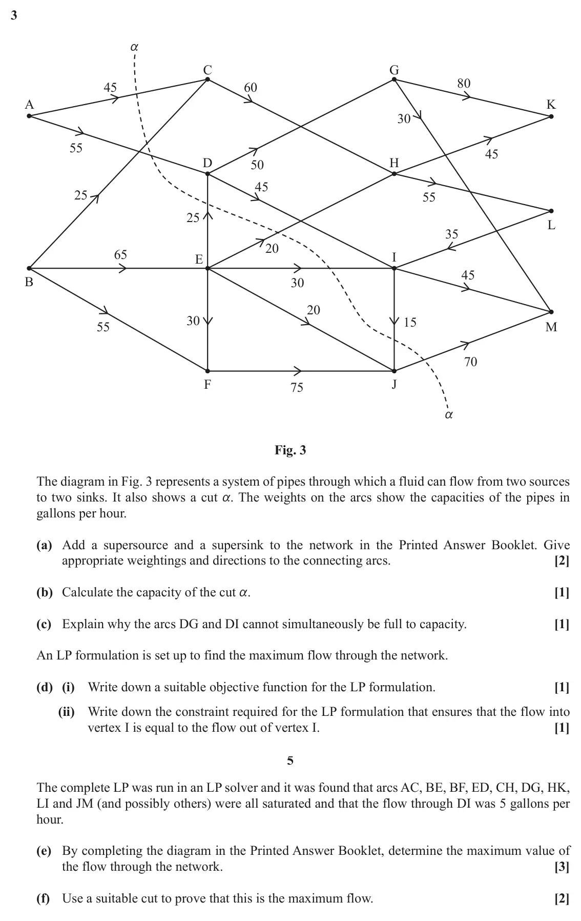November 2020 Modelling with Algorithms, question 3: a C G 80 45 60 A K 30 55 45 D H 50 45 25 55 25 L 35 20 65 I E 45 B 30 20 30 15 55 M 70 F J 75 a Fig. 3 The diagram in Fig. 3 represents a system of pipes throug