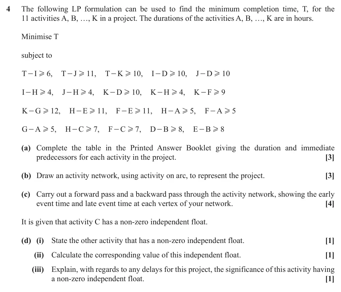 November 2020 Modelling with Algorithms, question 4: The following LP formulation can be used to find the minimum completion time, T, for the 11 activities A, B, …, K in a project. The durations of the activities
