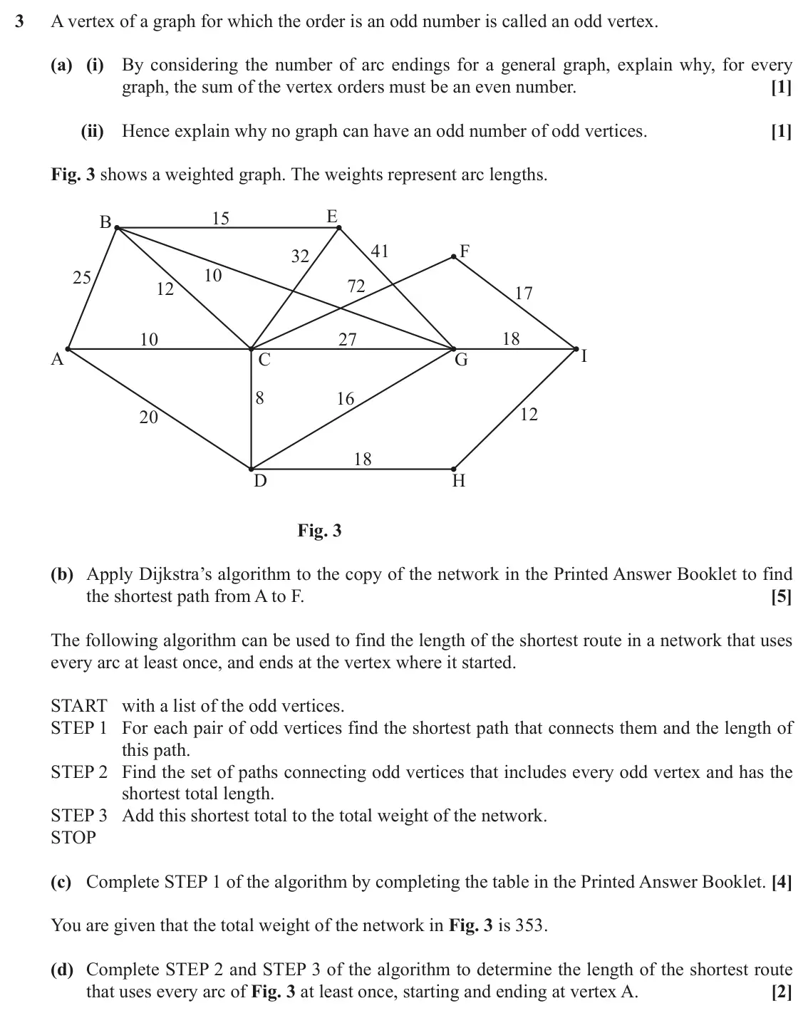November 2021 Modelling with Algorithms, question 3: A vertex of a graph for which the order is an odd number is called an odd vertex. (a) (i) By considering the number of arc endings for a general graph, explain