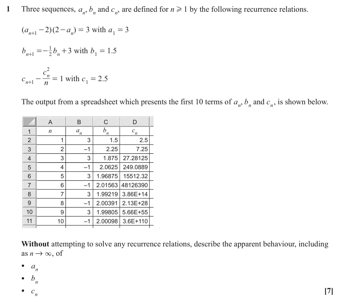 June 2022 Extra Pure, question 1: Three sequences, a , b and c n are defined for n H 1 by the following recurrence relations. , n n ( a 2 2 )( a ) 3 with a 3 1 - - = 1 = n n + 1 b b 3 with b 1 5