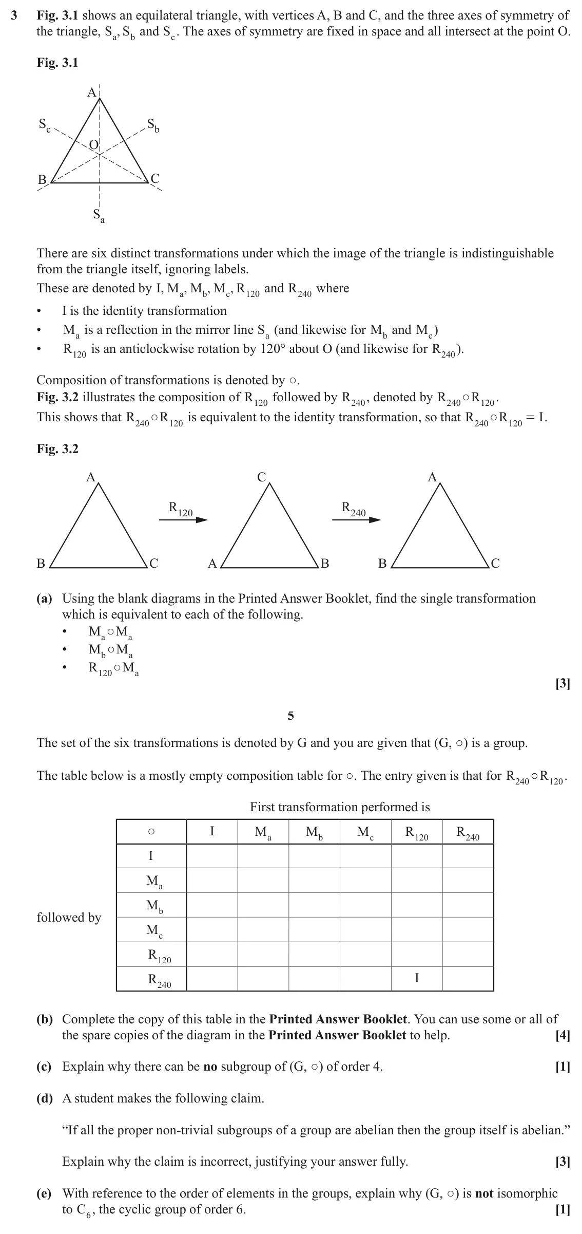 June 2024 Extra Pure, question 3: Fig. 3.1 shows an equilateral triangle, with vertices A, B and C, and the three axes of symmetry of the triangle, S S , b and Sc. The axes of symmetry are fixed