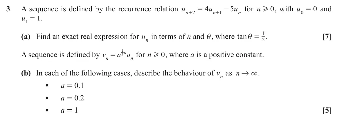 November 2020 Extra Pure, question 3: A sequence is defined by the recurrence relation u 4 u 5 u for n 0 , with u 0 and = - H 0 = n 2 n 1 n + + 1 = . u 1 1 (a) Find an exact real expression for un i