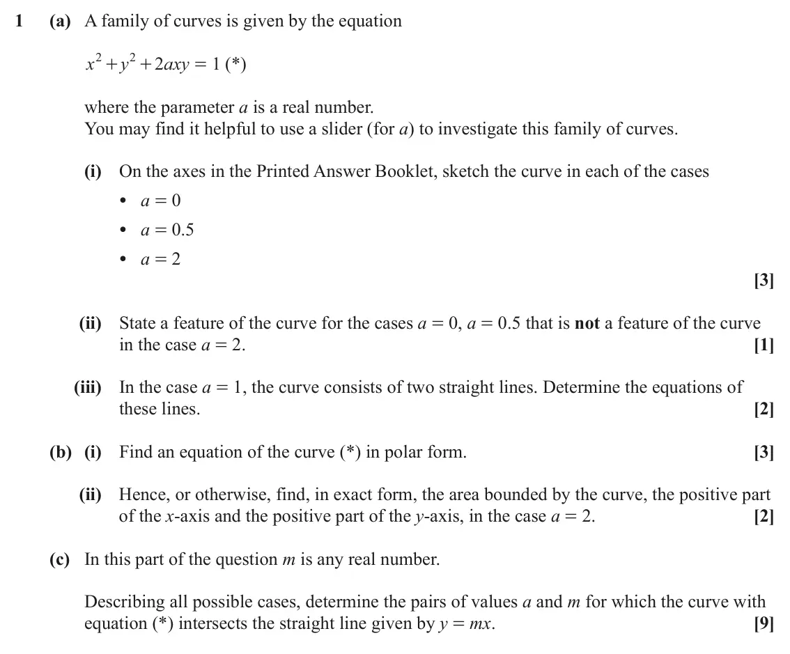 June 2022 Further Pure with Technology, question 1: (a) A family of curves is given by the equation 2 2 x y 2 axy = (*) 1 + + where the parameter a is a real number. You may find it helpful to use a slider (for a