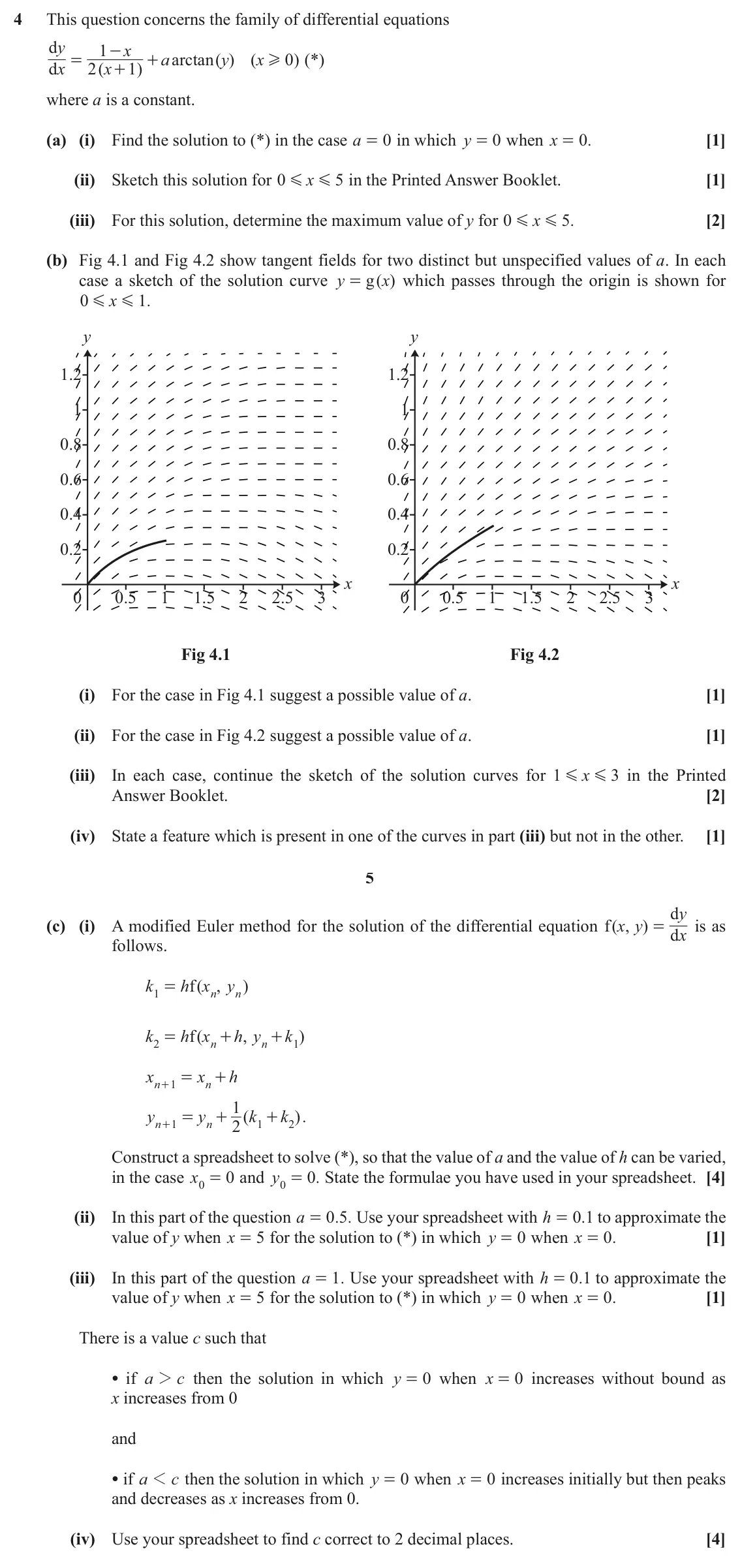 November 2021 Further Pure with Technology, question 4: This question concerns the family of differential equations d y 1 x - a arctan ( ) y ( x 0 ) (*) = + H d x 2 ( x 1 ) + where a is a constant. (a) (i) Find the s