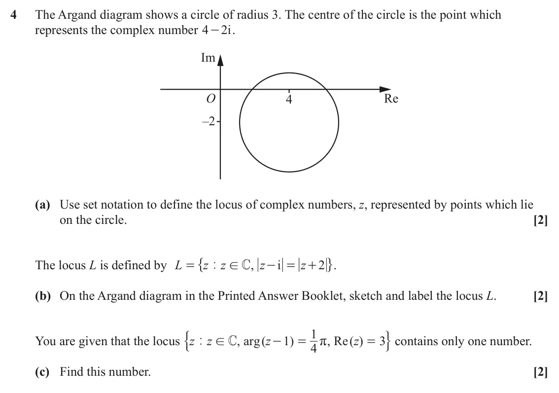 June 2024 AS Pure Core, question 4: The Argand diagram shows a circle of radius 3. The centre of the circle is the point which represents the complex number 4 2i . - Im O Re 4 –2 (a) Use set notat