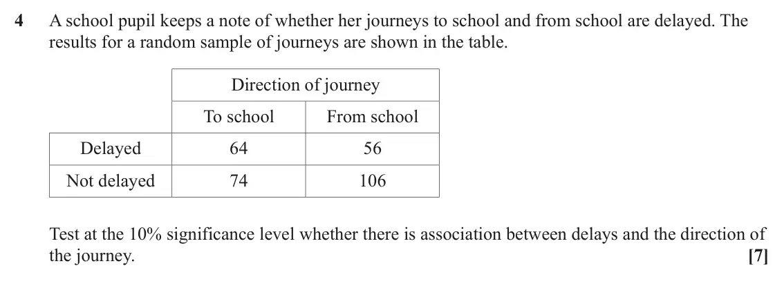 June 2022 AS Statistics, question 4: A school pupil keeps a note of whether her journeys to school and from school are delayed. The results for a random sample of journeys are shown in the table. D