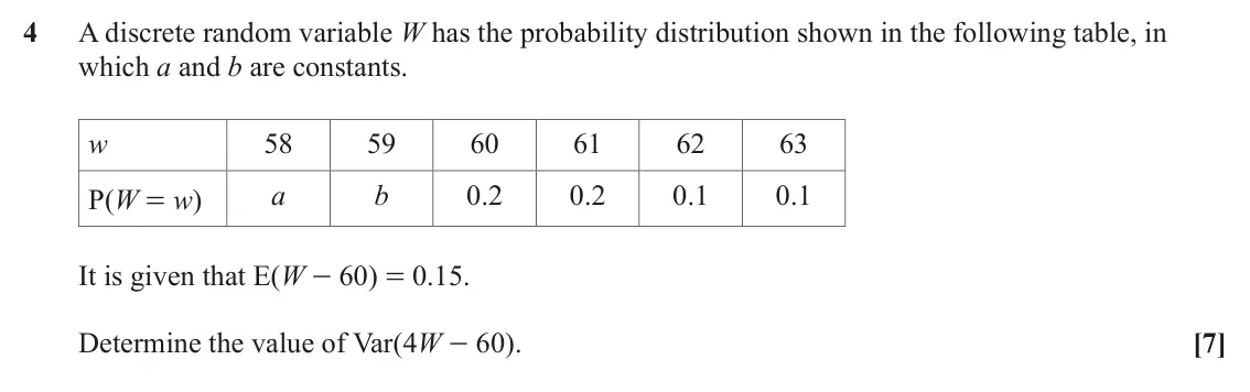 June 2023 AS Statistics, question 4: A discrete random variable W has the probability distribution shown in the following table, in which a and b are constants. w 58 59 60 61 62 63 a b 0.2 0.2 0.1 