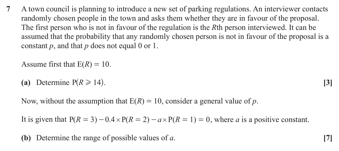 June 2023 AS Statistics, question 7: A town council is planning to introduce a new set of parking regulations. An interviewer contacts randomly chosen people in the town and asks them whether they 