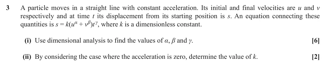 June 2018 AS Mechanics, question 3: A particle moves in a straight line with constant acceleration. Its initial and final velocities are u and v respectively and at time t its displacement from it