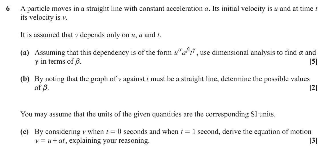 June 2022 AS Mechanics, question 6: A particle moves in a straight line with constant acceleration a. Its initial velocity is u and at time t its velocity is v. It is assumed that v depends only o