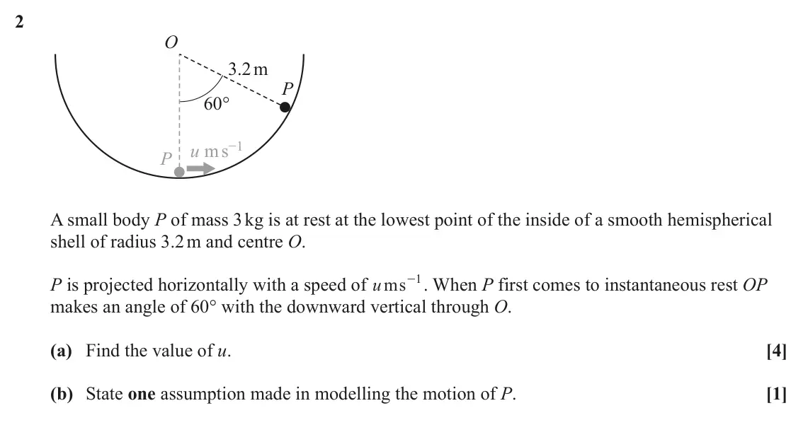 June 2023 AS Mechanics, question 2: O 3.2m P 60° u ms−1 P A small body P of mass 3 kg is at rest at the lowest point of the inside of a smooth hemispherical shell of radius 3.2 m and centre O. - .