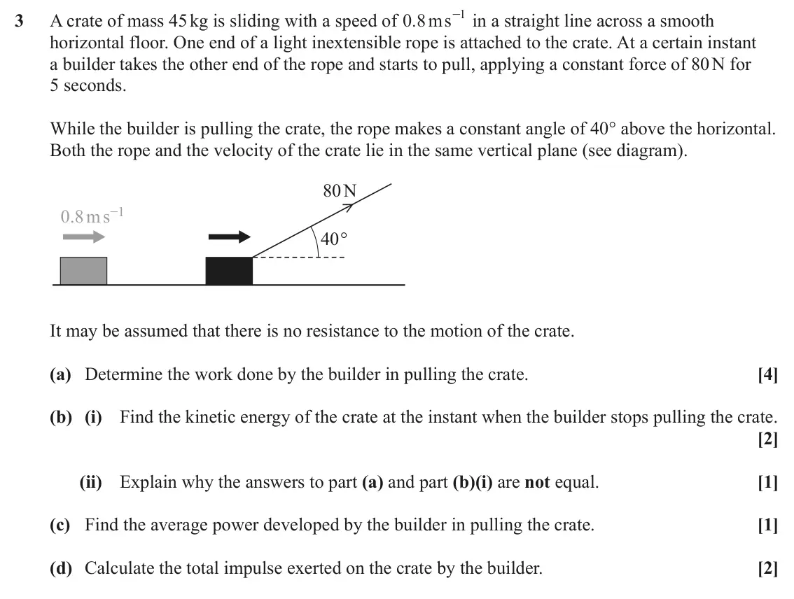 June 2023 AS Mechanics, question 3: 3 A crate of mass 45 kg is sliding with a speed of . ms 0 8 - in a straight line across a smooth horizontal floor. One end of a light inextensible rope is attac