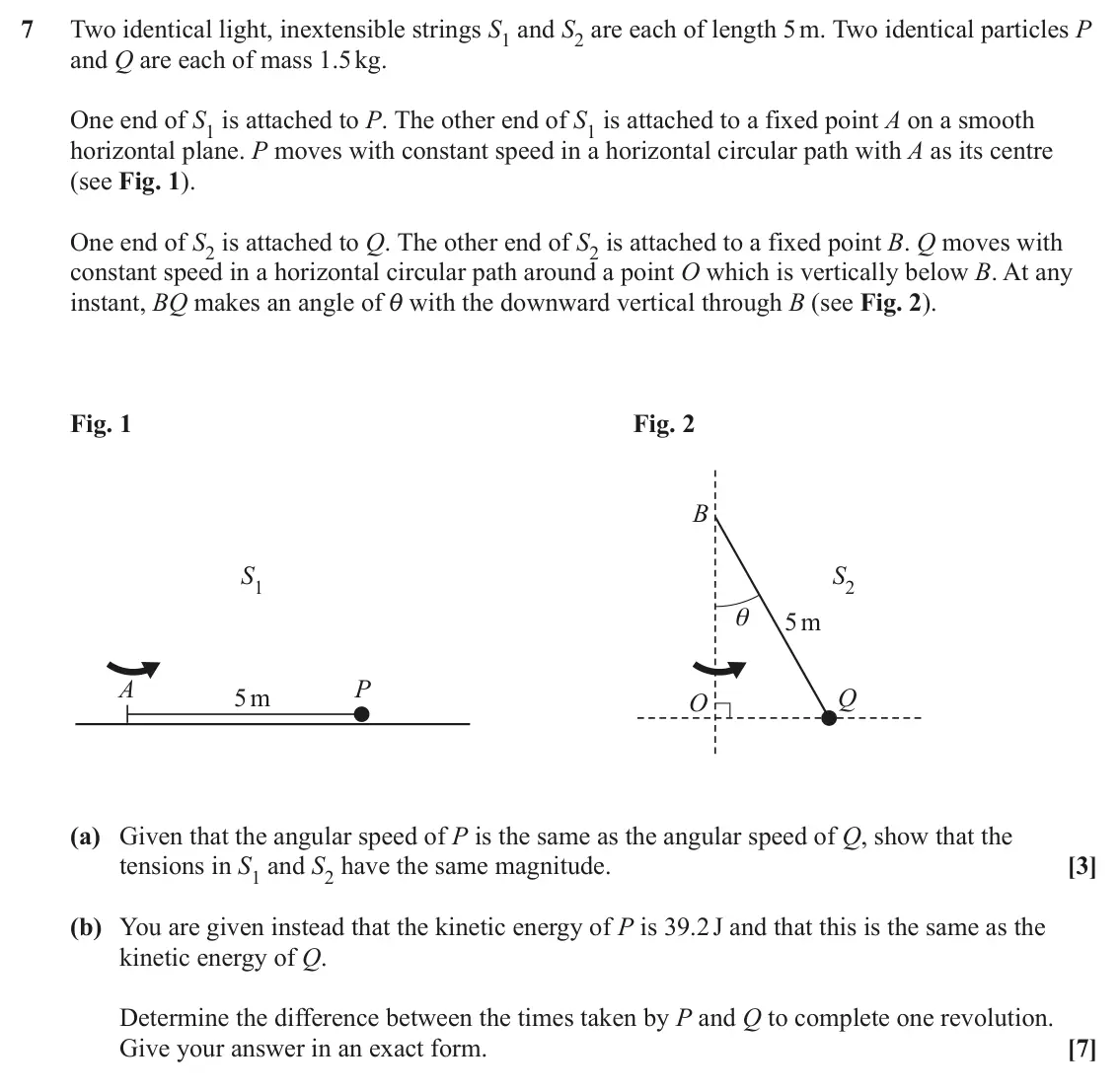 June 2023 AS Mechanics, question 7: Two identical light, inextensible strings S1 and S2 are each of length 5 m. Two identical particles P and Q are each of mass 1.5 kg. One end of S1 is attached t
