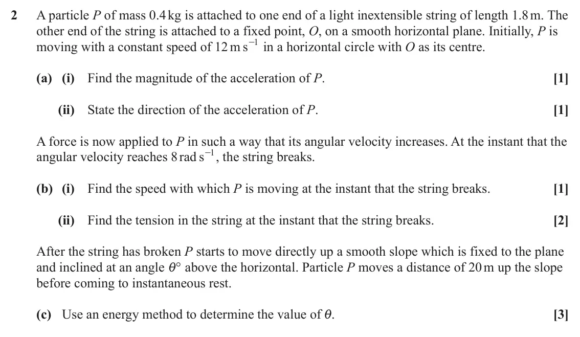 June 2024 AS Mechanics, question 2: A particle P of mass 0.4 kg is attached to one end of a light inextensible string of length 1.8 m. The other end of the string is attached to a fixed point, O,