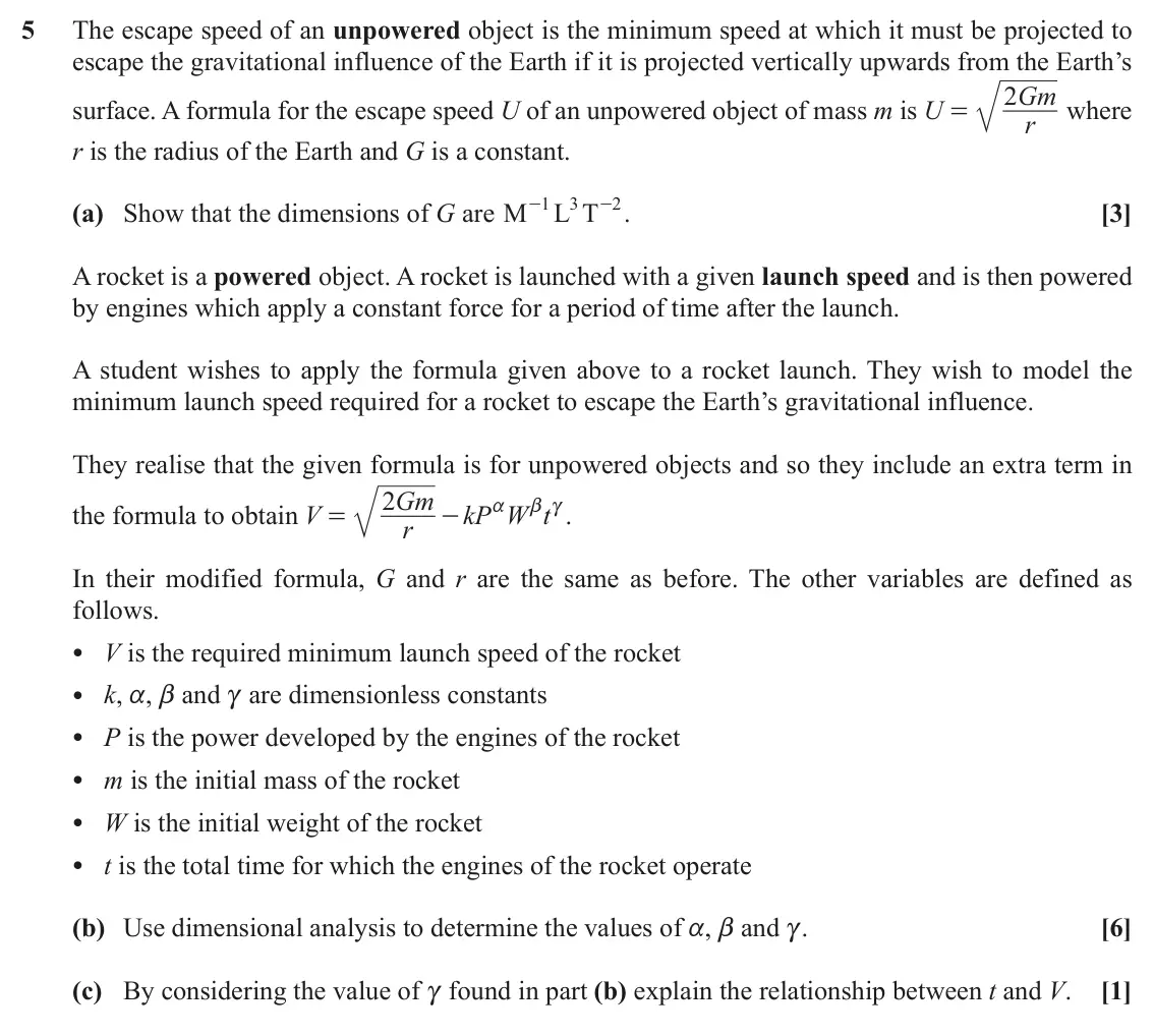November 2021 AS Mechanics, question 5: The escape speed of an unpowered object is the minimum speed at which it must be projected to escape the gravitational influence of the Earth if it is projected