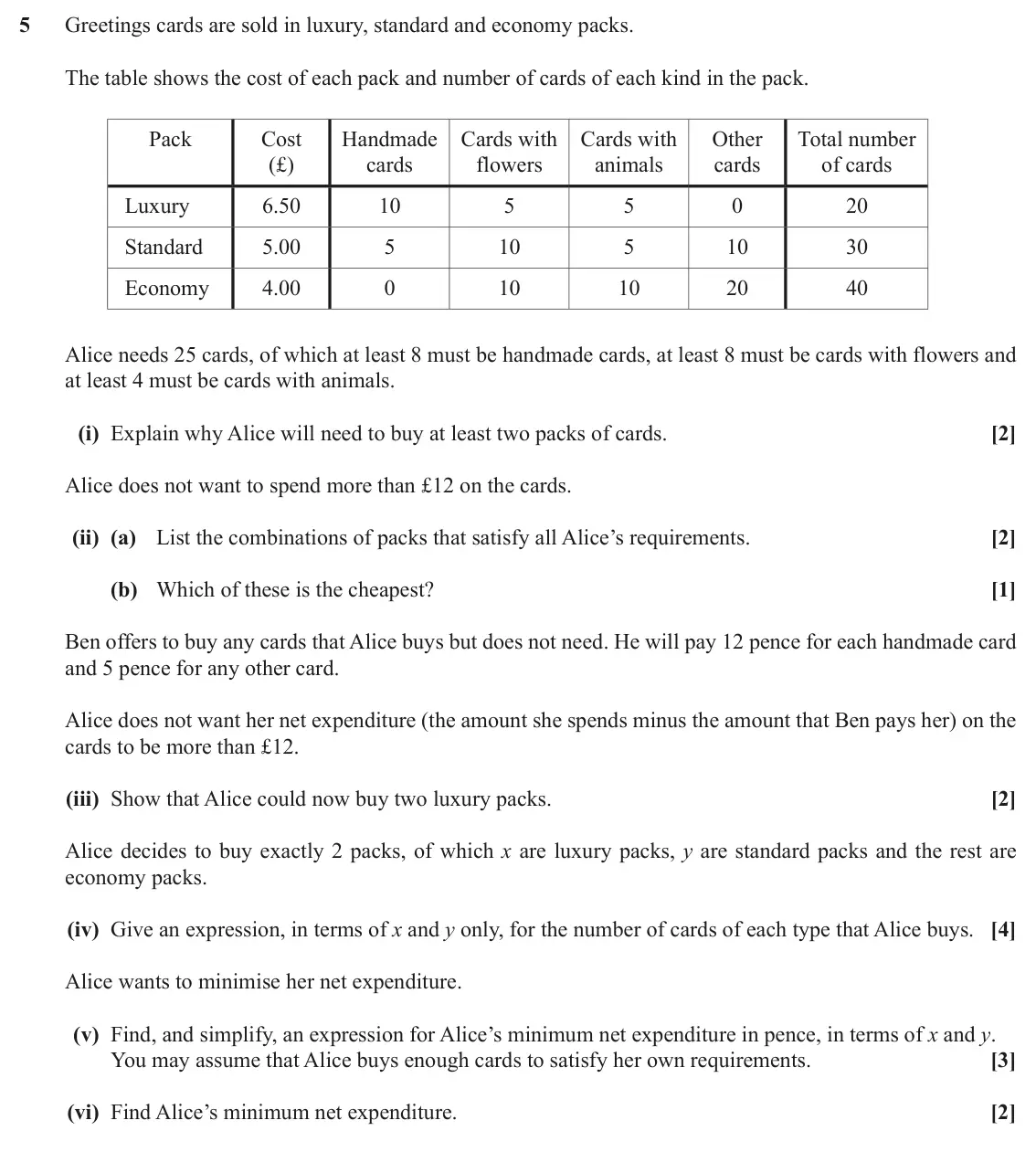 June 2018 AS Discrete Mathematics, question 5: Greetings cards are sold in luxury, standard and economy packs. The table shows the cost of each pack and number of cards of each kind in the pack. Pack Cost Ha