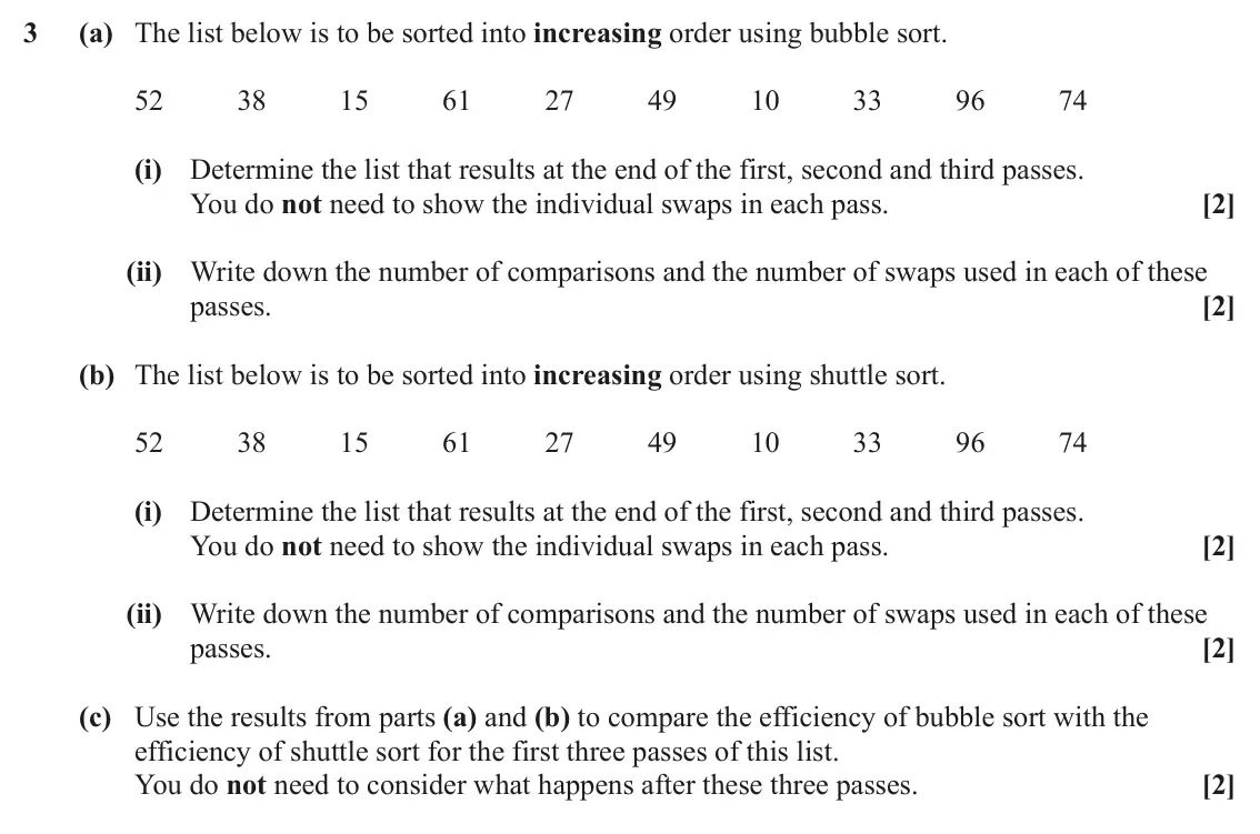 June 2022 AS Discrete Mathematics, question 3: (a) The list below is to be sorted into increasing order using bubble sort. 52 38 15 61 27 49 10 33 96 74 (i) Determine the list that results at the end of the