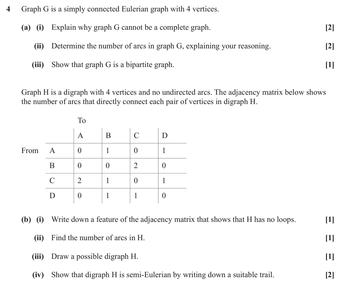 June 2023 AS Discrete Mathematics, question 4: Graph G is a simply connected Eulerian graph with 4 vertices. (a) (i) Explain why graph G cannot be a complete graph. [2] (ii) Determine the number of arcs in g