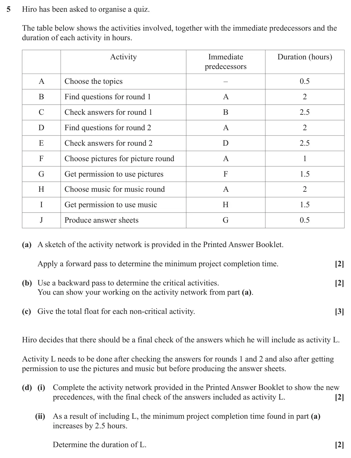 June 2023 AS Discrete Mathematics, question 5: Hiro has been asked to organise a quiz. The table below shows the activities involved, together with the immediate predecessors and the duration of each activit