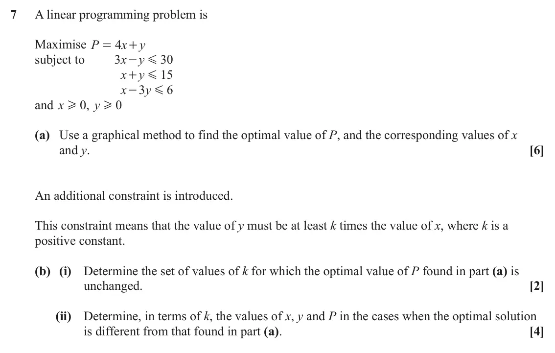 June 2023 AS Discrete Mathematics, question 7: A linear programming problem is Maximise P 4 x y = + subject to x 3 y 30 - G x y 15 + G x 3 y 6 - G and x 0 , y 0 H H (a) Use a graphical method to find the opt