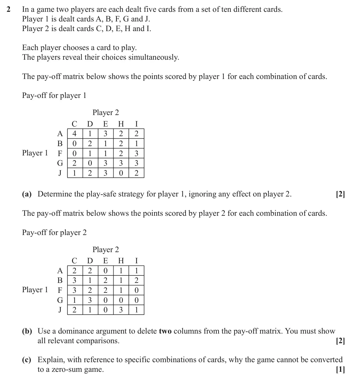 June 2024 AS Discrete Mathematics, question 2: In a game two players are each dealt five cards from a set of ten different cards. Player 1 is dealt cards A, B, F, G and J. Player 2 is dealt cards C, D, E, H