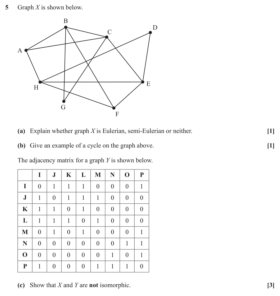 June 2025 AS Discrete Mathematics, question 5: Graph X is shown below. B D C A E H G F (a) Explain whether graph X is Eulerian, semi-Eulerian or neither. [1] (b) Give an example of a cycle on the graph above
