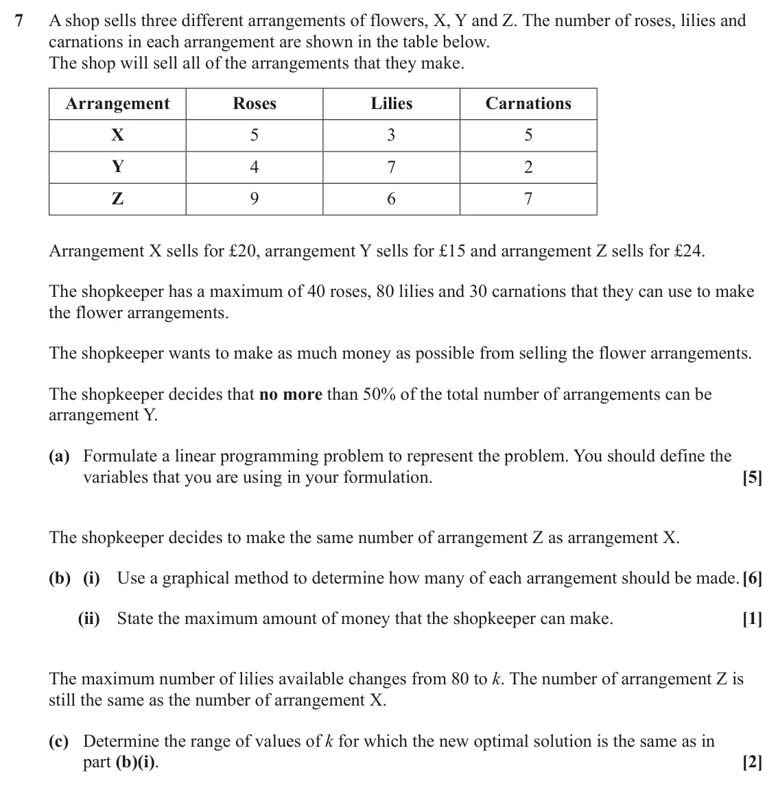 June 2025 AS Discrete Mathematics, question 7: A shop sells three different arrangements of flowers, X, Y and Z. The number of roses, lilies and carnations in each arrangement are shown in the table below. T