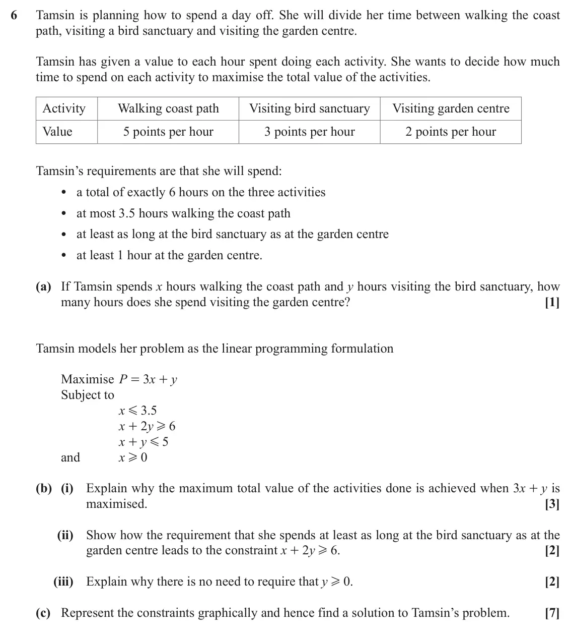 November 2020 AS Discrete Mathematics, question 6: Tamsin is planning how to spend a day off. She will divide her time between walking the coast path, visiting a bird sanctuary and visiting the garden centre. Ta