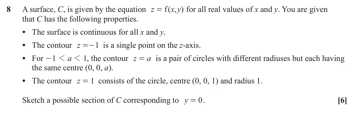 June 2023 AS Additional Pure Mathematics, question 8: A surface, C, is given by the equation z f ( , ) x y for all real values of x and y. You are given = that C has the following properties. • The surface is conti