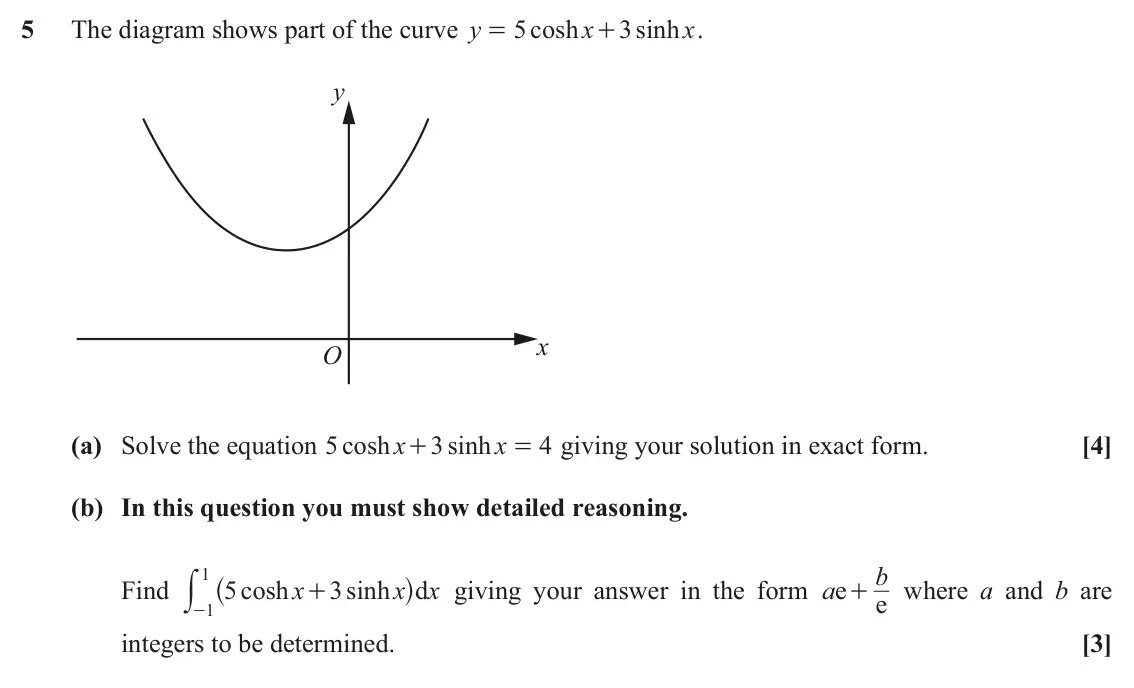 June 2019 Pure Core 1, question 5: The diagram shows part of the curve y 5 cosh x 3 sinh x . = + y x O (a) Solve the equation cosh 5 x 3 sinh x 4 giving your solution in exact form. [4] + = (b) I