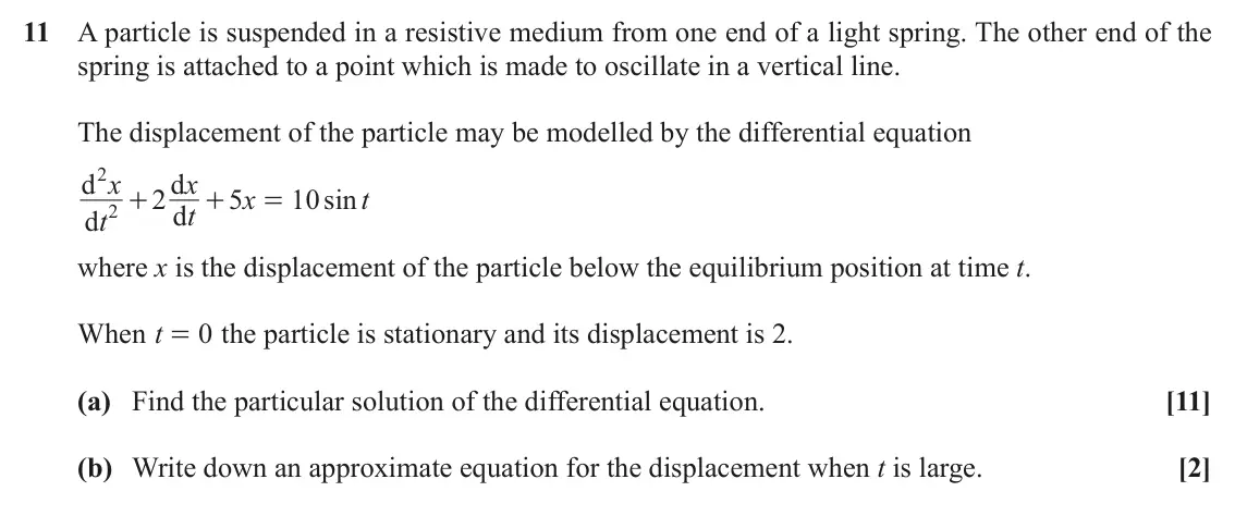 June 2019 Pure Core 1, question 11: A particle is suspended in a resistive medium from one end of a light spring. The other end of the spring is attached to a point which is made to oscillate in a