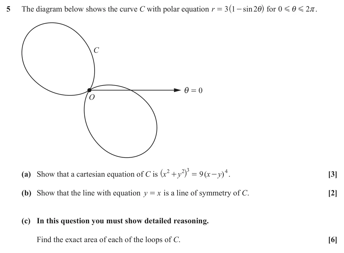 June 2022 Pure Core 1, question 5: ^ h for 0 5 The diagram below shows the curve C with polar equation r 3 1 sin 2i 2 r. = - G i G C 0 i = O ^ h 2 3 2 4 (a) Show that a cartesian equation of C is