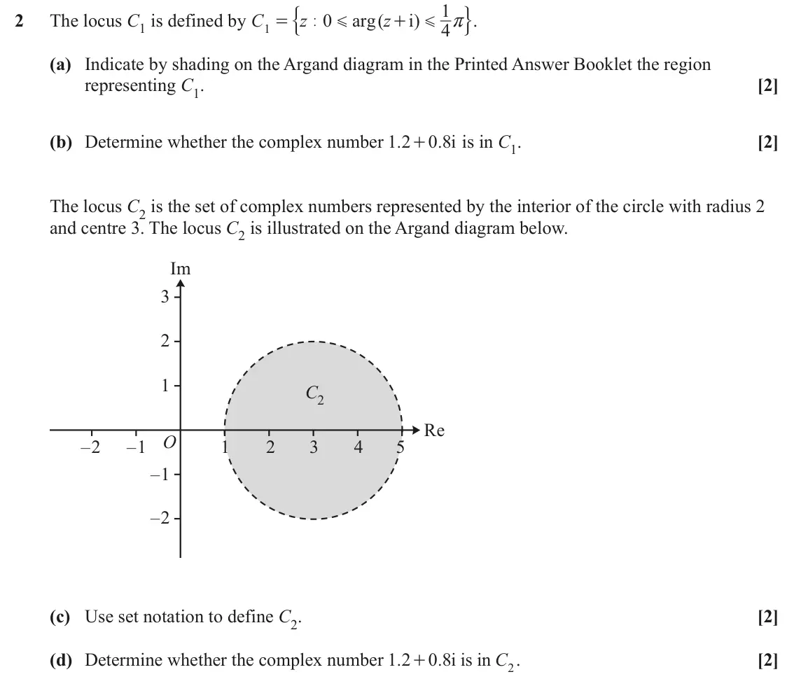 June 2024 Pure Core 1, question 2: % /. 1 2 The locus C1 is defined by C z z 0 arg ( i ) = + r | G G 4 1 (a) Indicate by shading on the Argand diagram in the Printed Answer Booklet the region rep