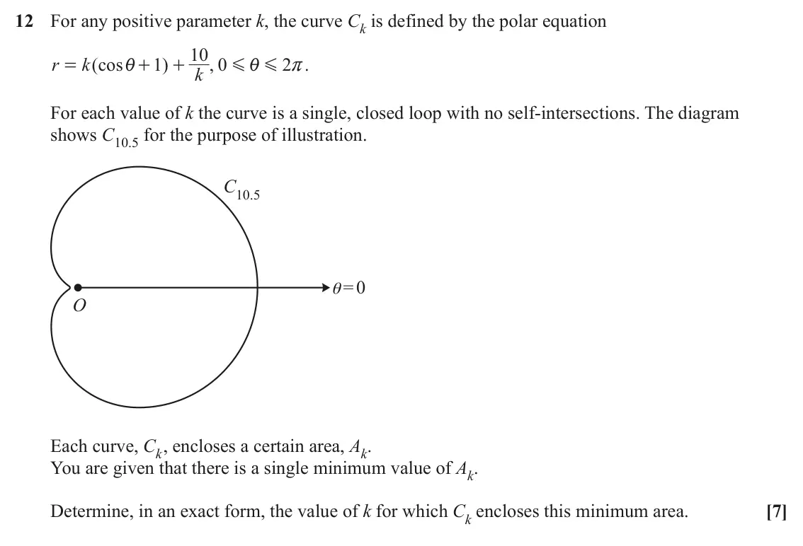 June 2024 Pure Core 1, question 12: For any positive parameter k, the curve Ck is defined by the polar equation 10 0 r k ( cos 1 ) , 2 . = i + + G i G r k For each value of k the curve is a single