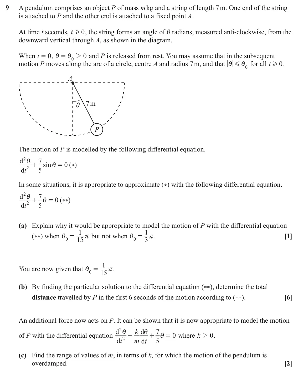 June 2025 Pure Core 1, question 9: A pendulum comprises an object P of mass m kg and a string of length 7 m. One end of the string is attached to P and the other end is attached to a fixed point 