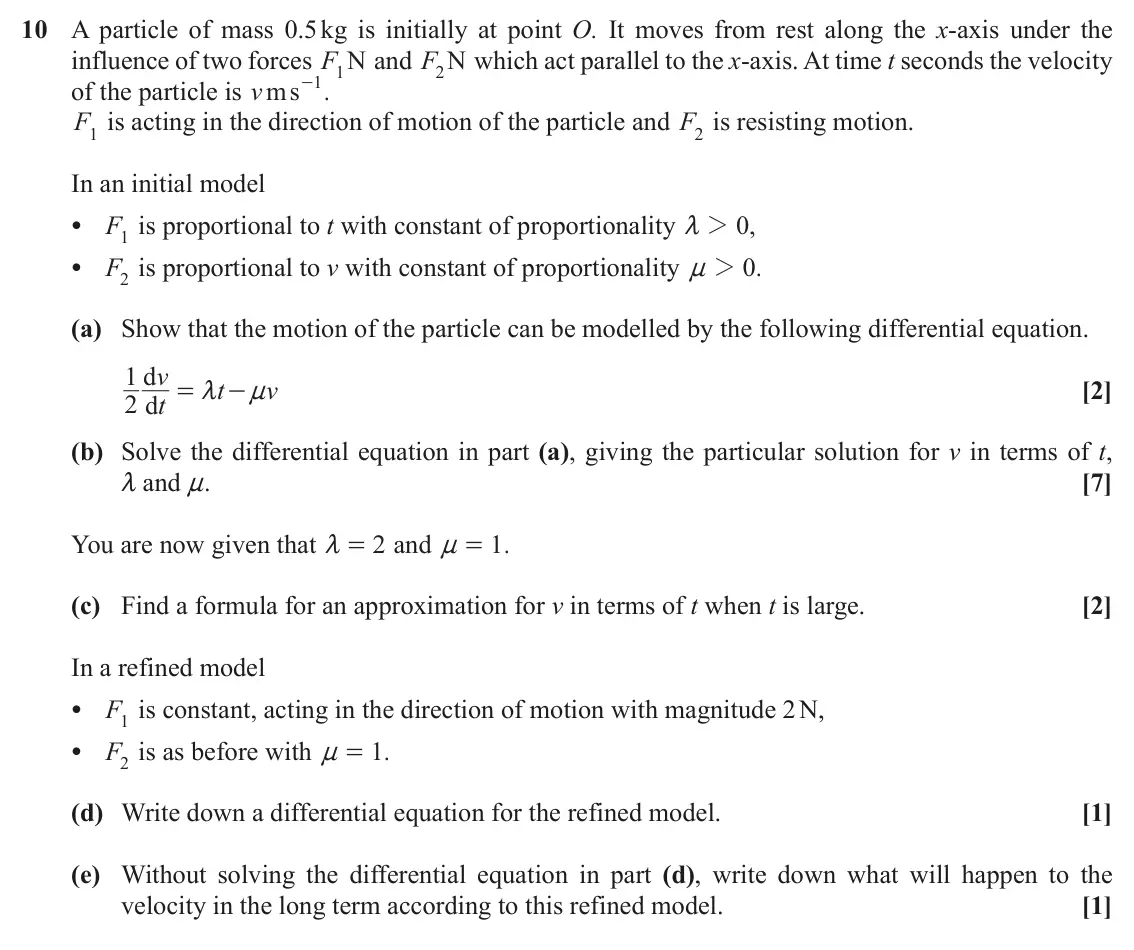 November 2020 Pure Core 1, question 10: A particle of mass 0.5 kg is initially at point O. It moves from rest along the x-axis under the influence of two forces F N and F N which act parallel to the x