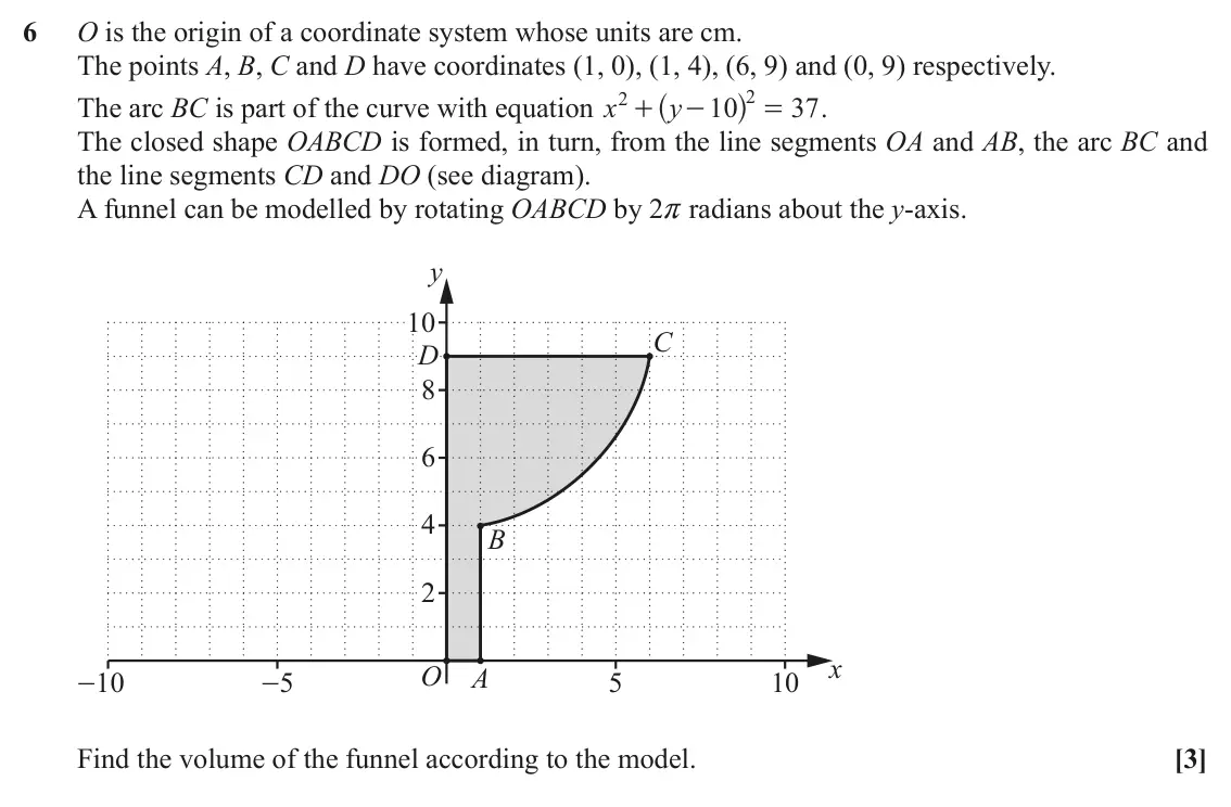 November 2021 Pure Core 1, question 6: O is the origin of a coordinate system whose units are cm. The points A, B, C and D have coordinates (1, 0), (1, 4), (6, 9) and (0, 9) respectively. ^ h 2 2 The