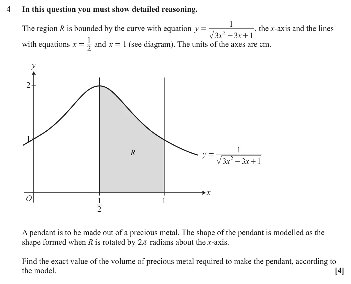 June 2023 Pure Core 2, question 4: In this question you must show detailed reasoning. 1 The region R is bounded by the curve with equation y , the x-axis and the lines = 2 x x 3 3 1 - + 1 with eq