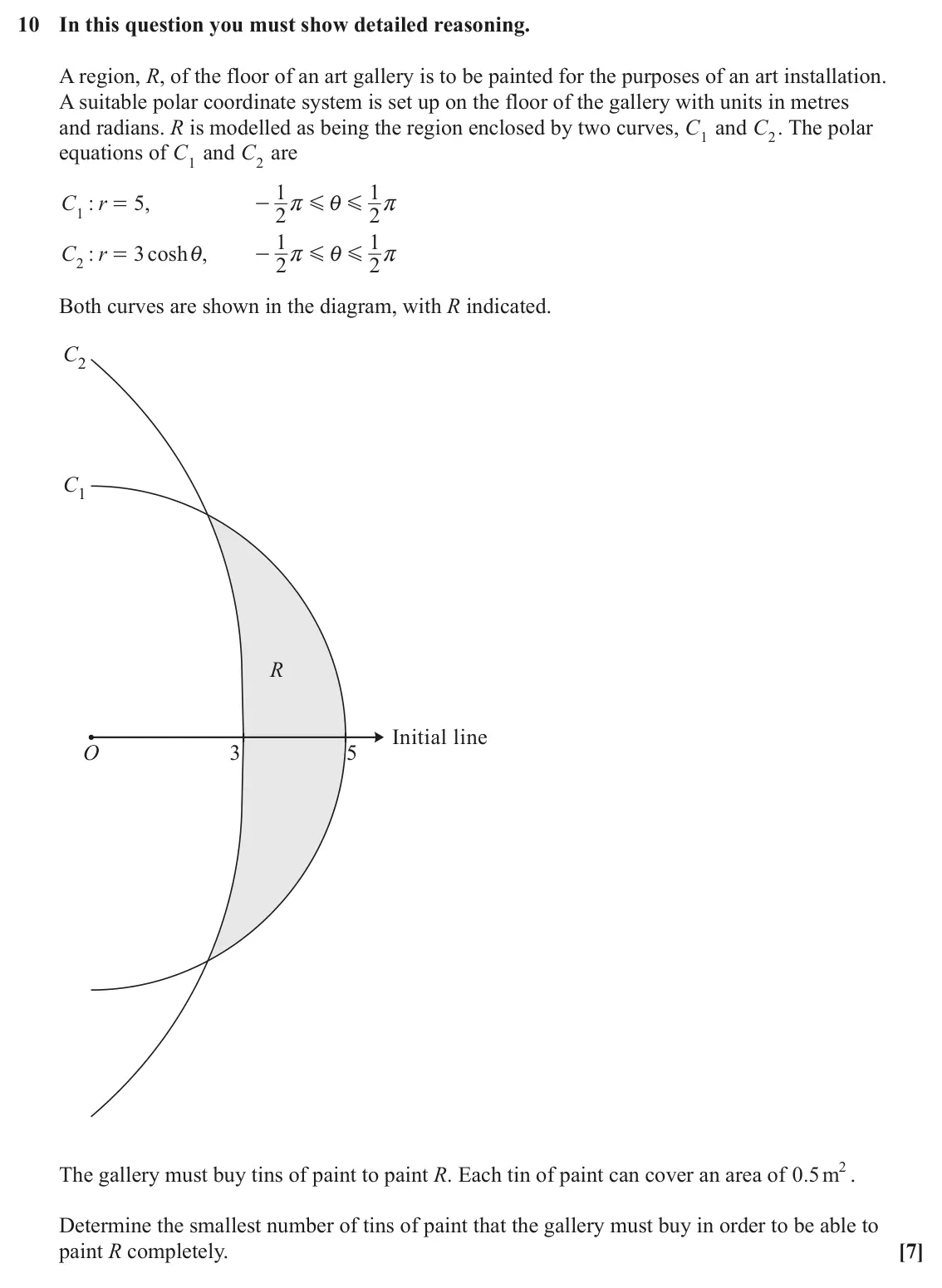 June 2023 Pure Core 2, question 10: In this question you must show detailed reasoning. A region, R, of the floor of an art gallery is to be painted for the purposes of an art installation. A suita