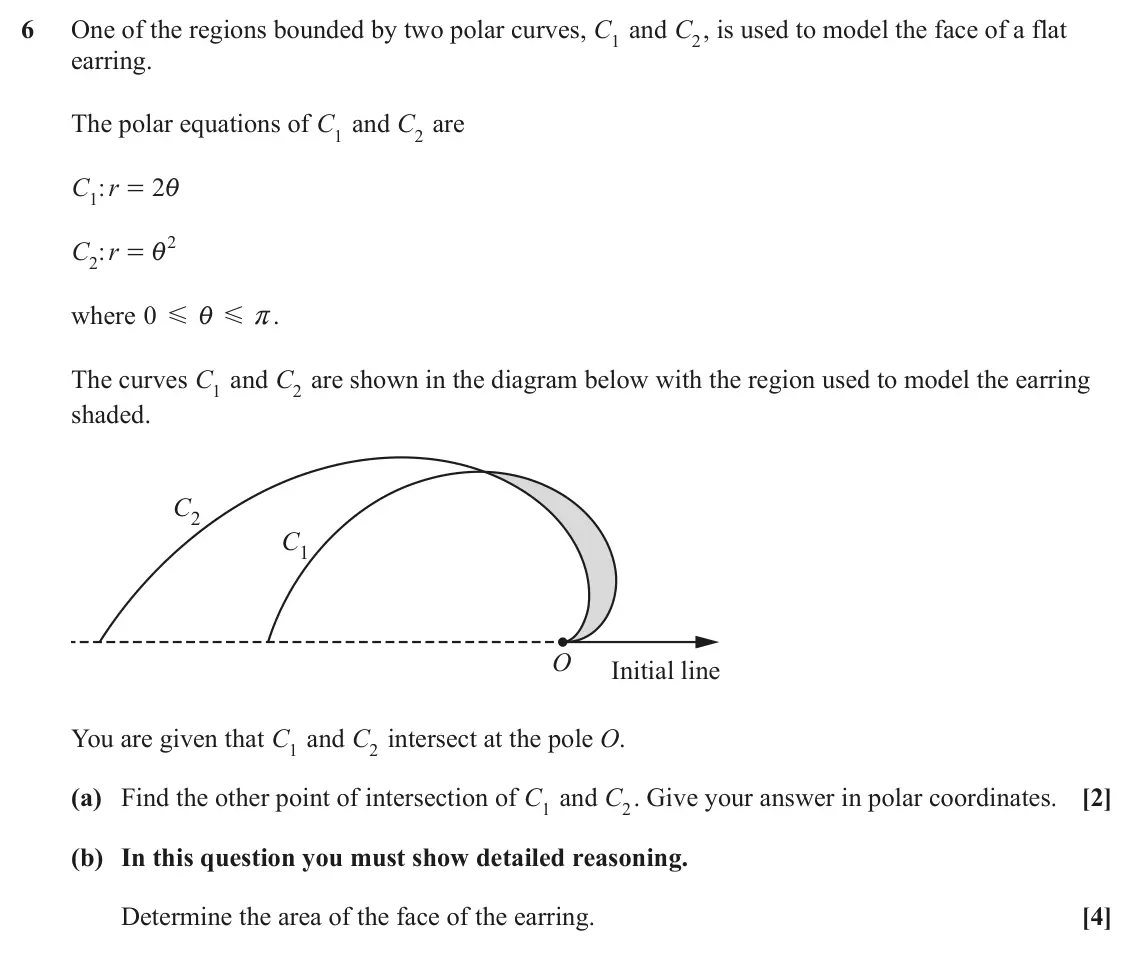June 2025 Pure Core 2, question 6: One of the regions bounded by two polar curves, C1 and C2, is used to model the face of a flat earring. The polar equations of C1 and C2 are C r : 2 = i 1 2 C r