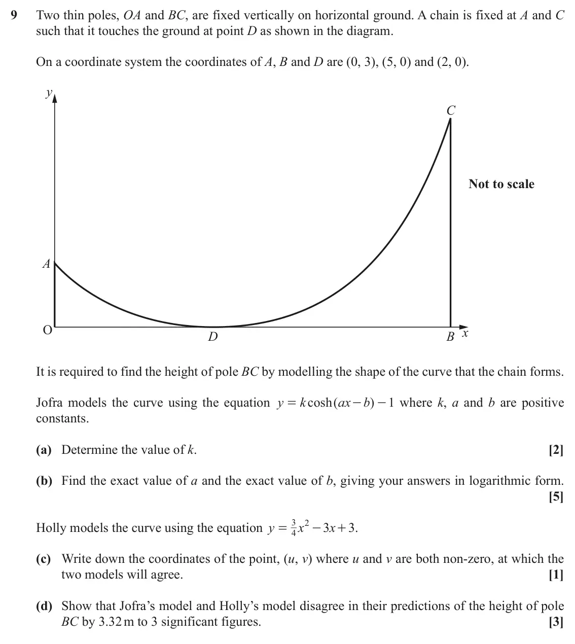 November 2020 Pure Core 2, question 9: Two thin poles, OA and BC, are fixed vertically on horizontal ground. A chain is fixed at A and C such that it touches the ground at point D as shown in the dia