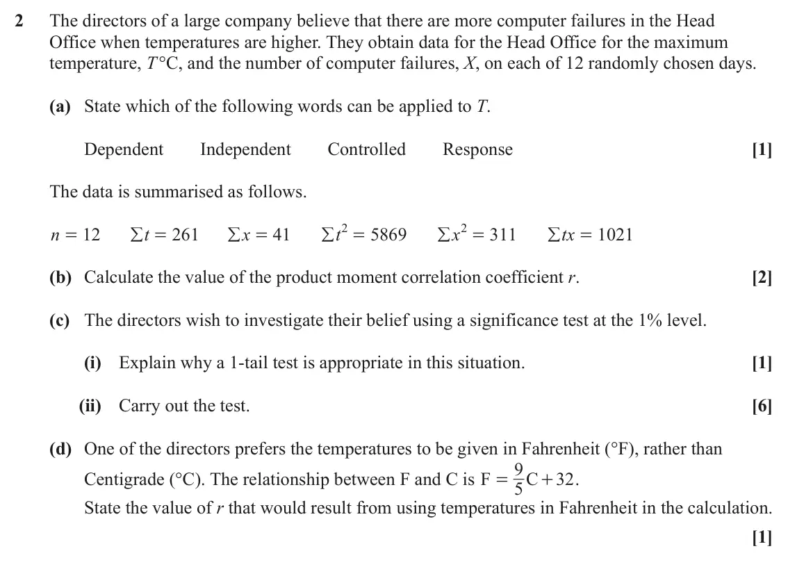 June 2022 Statistics, question 2: The directors of a large company believe that there are more computer failures in the Head Office when temperatures are higher. They obtain data for the Head Of