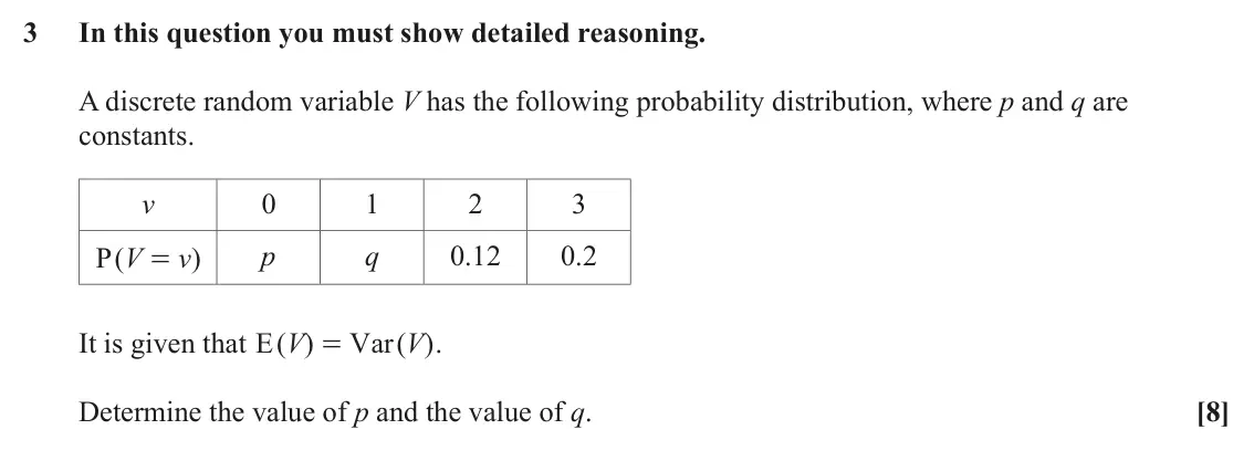 June 2022 Statistics, question 3: In this question you must show detailed reasoning. A discrete random variable V has the following probability distribution, where p and q are constants. v 0 1 2